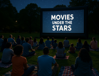 Image of a group of people sitting on blankets in a grassy park at night, watching a movie projected on a large outdoor screen.