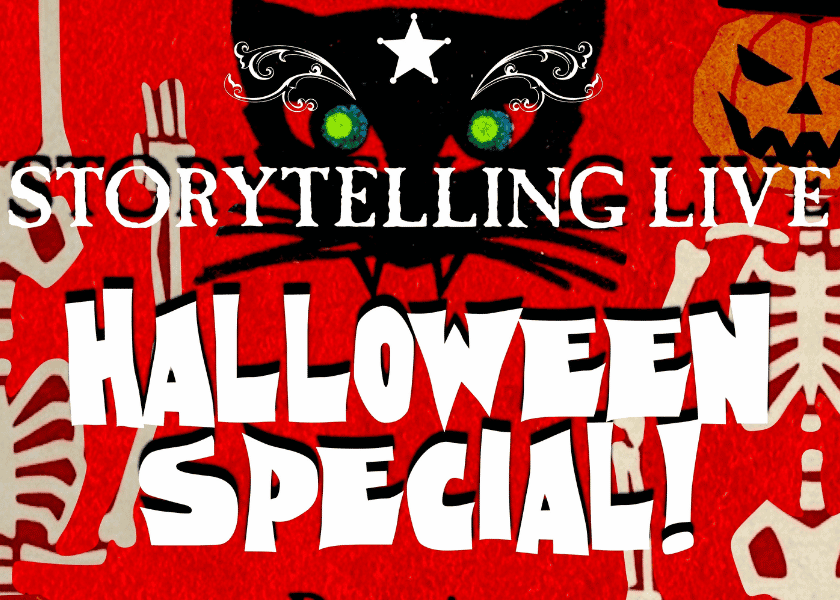 Red Storytelling Live Halloween Special flyer featuring a black cat with green eyes, skeletons and a jack-o’-lantern.