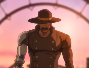 Medium shot of Bass (voiced by Brian Tyree Henry) from Bass X Machina. He is shown from the chest up, looking off-camera with a determined, hardened stare. He wears a beige western-style duster coat over a dark shirt. His right arm is prominently revealed to be a complex, heavy-duty mechanical prosthetic made of dark metal and copper-toned pistons, symbolizing the "Machina" element of the steampunk series. The background is a blurred, sun-drenched desert landscape.