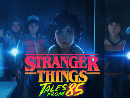 Eleven stands in front of her friends in a dark room in Stranger Things Tales From ’85. She raises her hand as the group shines flashlights toward something off screen. Image courtesy of Netflix.