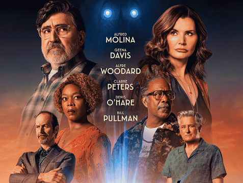 The Boroughs cast including Alfred Molina, Geena Davis, Alfre Woodard, and others appear in a dramatic ensemble portrait against an orange sky.