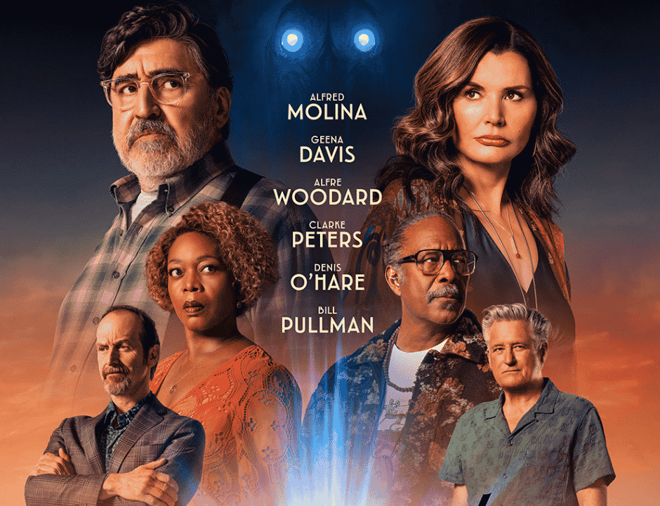The Boroughs cast including Alfred Molina, Geena Davis, Alfre Woodard, and others appear in a dramatic ensemble portrait against an orange sky.