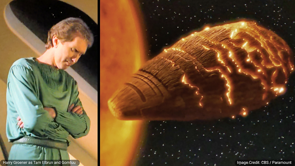 Tam Elbrun, portrayed by Harry Groener, stands with a distant expression on the left; to the right, the alien lifeform Gomtuu floats in deep space, in Star Trek: The Next Generation episode "Tin Man," Image Credit: CBS / Paramount.
