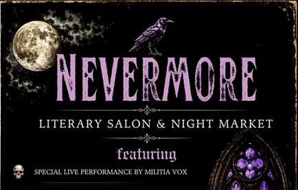 The Bronx County Historical Society key art. Militia Vox is named as the live performer on a Gothic Nevermore graphic with a full moon, raven and purple lettering.