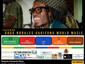 Promotional graphic for the African & Caribbean Cultural Festival at Roberto Clemente Plaza in The Bronx. The image features Garifuna musician Gogo Norales performing with a microphone against a colorful background. Event details highlight live music, a book exchange, family activities, local vendors, and refreshments.