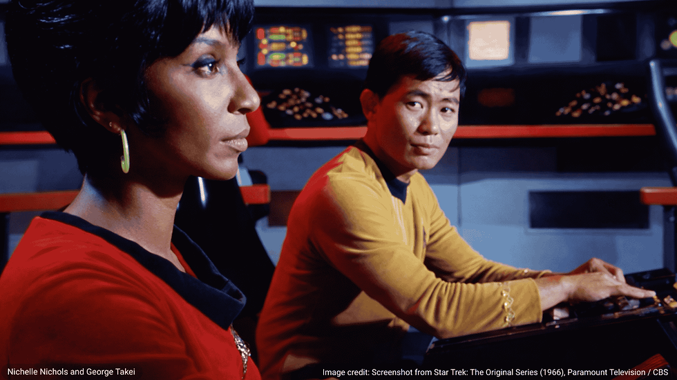 Lieutenant Uhura, played by Nichelle Nichols, sits at the helm of the USS Enterprise while Lieutenant Hikaru Sulu, played by George Takei, works at the navigation console in a scene from Star Trek: The Original Series Season 1 episode “Balance of Terror.”
