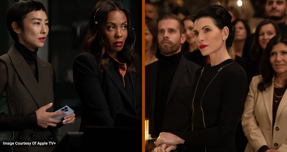 Image of Greta Lee, Karen Pittman, and Julianna Margulies in season 3 of Apple TV+ The Morning Morning Show