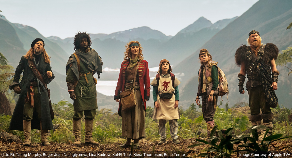 (L to R): Tadhg Murphy as Alto, Roger Jean Nsengiyumva as Widgit, Lisa Kudrow as Penelope, Kal-El Tuck as Kevin, Kiera Thompson as Saffron, and Rune Temte as Bittelig in Time Bandits (2024), based on the beloved classic movie, will premiere globally on July 24, 2024, on Apple TV+