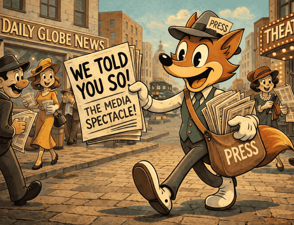 Fox cartoon journalist in a 1930s-style city holds a newspaper reading “We Told You So! The Media Spectacle!” while pedestrians read papers outside the Daily Globe News building.