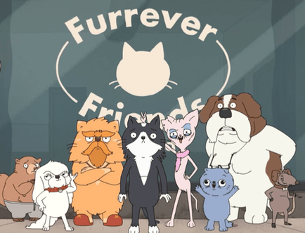 Animated group photo of Kevin the cat with his misfit animal friends and human owner Dana outside the Furrever Friends pet rescue in Queens. Jason Schwartzman voices Kevin the cat, pictured here with human Dana, voiced by Aubrey Plaza, and shelter friends voiced by Whoopi Goldberg, John Waters, Amy Sedaris, Aparna Nancherla, and Gil Ozeri.