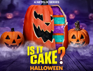 Cover art for the Netflix reality series 'Is It Cake' with a realistic pumpkin that is have cut revealing it is a cake