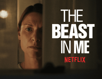 Claire Danes as author Aggie Wiggs, peeking out from behind a window curtain. Scene from The Beast in Me. Image courtesy of Netflix.