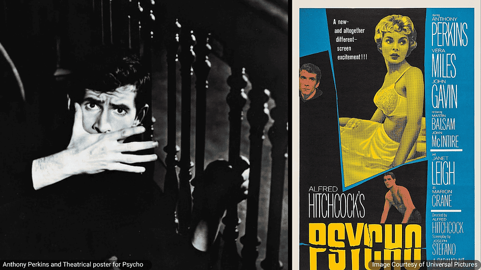 Left: Promotional still of Anthony Perkins from Psycho (1960). Right: Theatrical poster for Psycho (1960), featuring Anthony Perkins, Janet Leigh, and John Gavin: Image: Courtesy of Universal Pictures