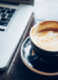 Office laptop and heart coffee latte connecting