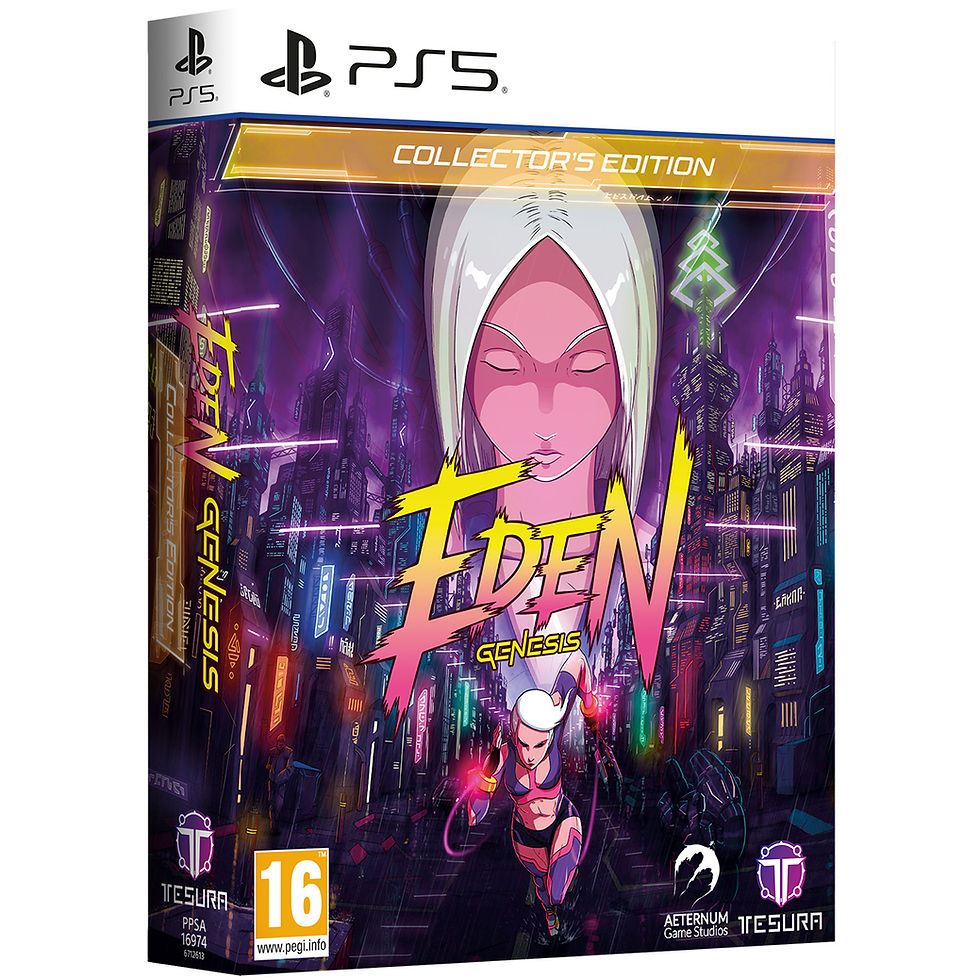Eden Genesis Collector's Edition ps5 box. main character face with with city and character running under