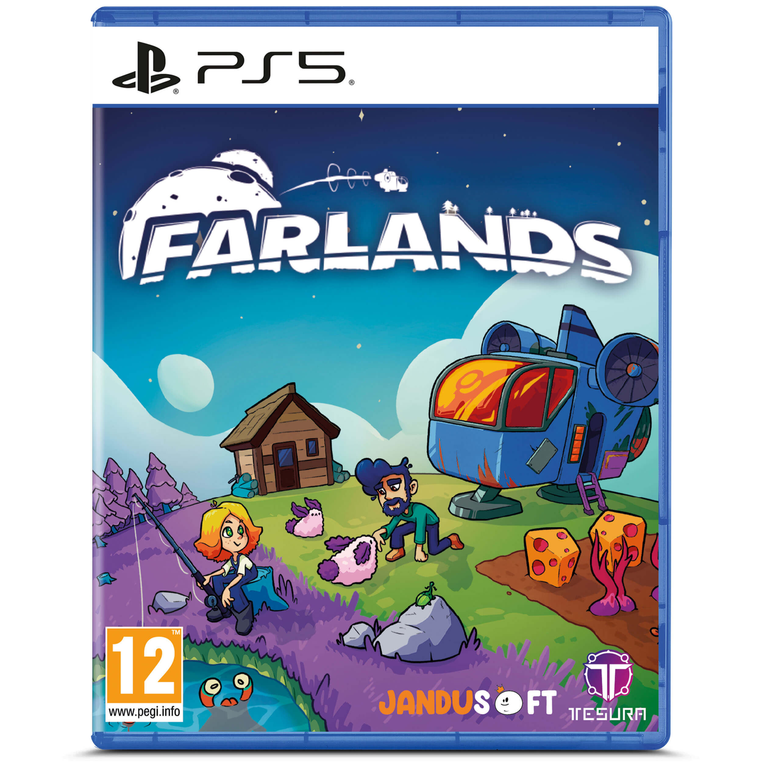 Farmlands PS5 cover. Land with house and helicopter like vehicle and male and female characters