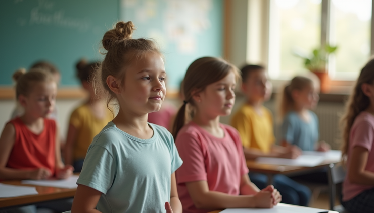 Vista laterale di un gruppo di bambini che eseguono esercizi di rilassamento e mindfulness in aula