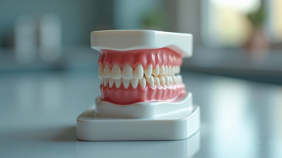 Close-up view of dental implant model showing full-arch prosthesis