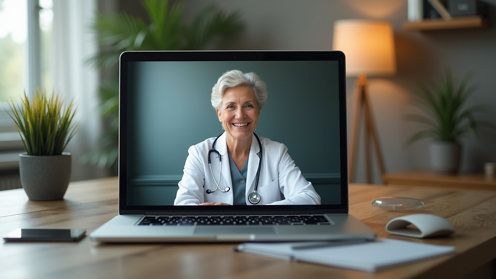 Eye-level view of a laptop screen showing a video call with a gerontologist