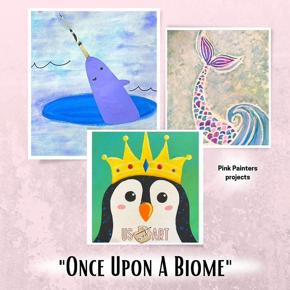 We painted animal faces with acrylic paint, drew and watercolored aquatic animals, and blended ocean water with chalk pastels and added cute narwhals on top.