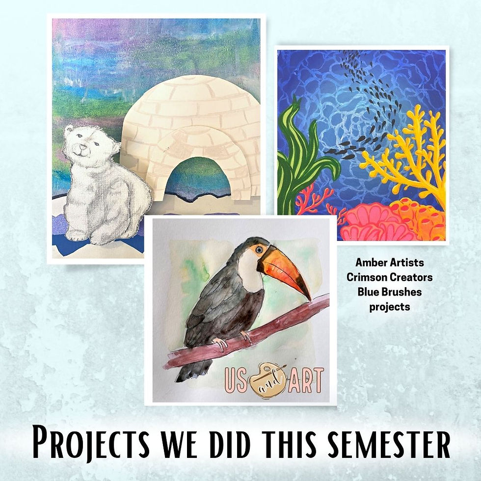 We painted aquatic scenes with acrylic paint, drew and watercolored forest animals, and blended northern lights with chalk pastels and added arctic paper scenes on top.