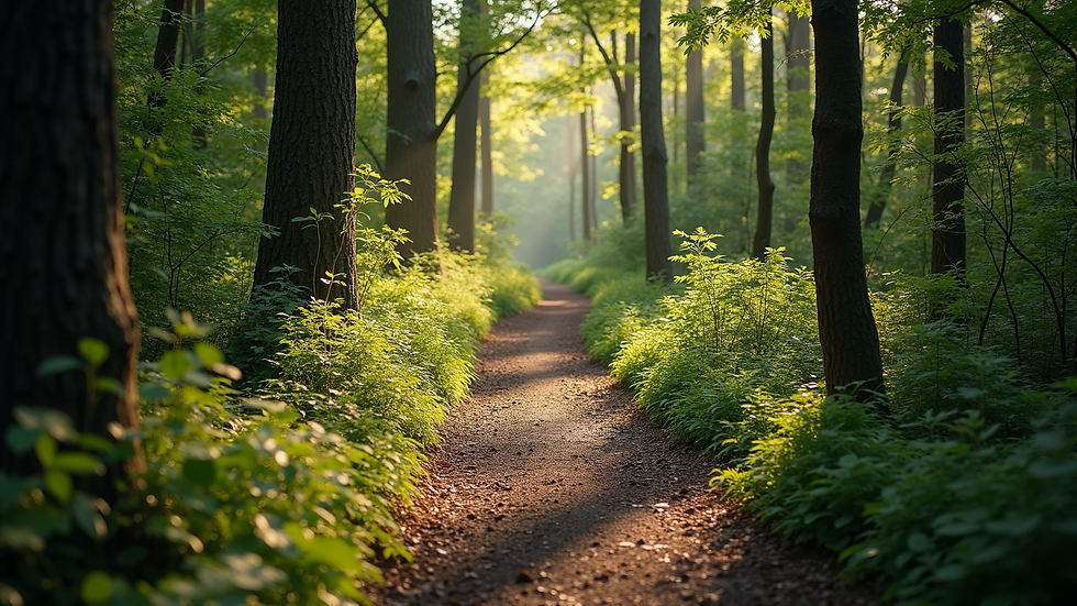 High angle view of a peaceful forest trail for mindful walking