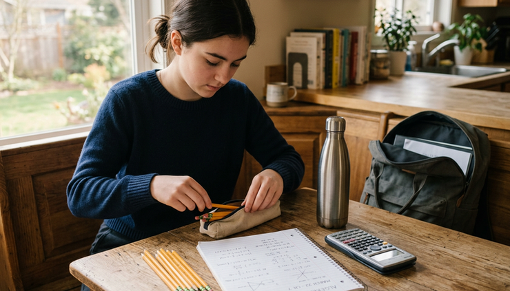 Eye-level view of a student organizing pencils and notes before a test.