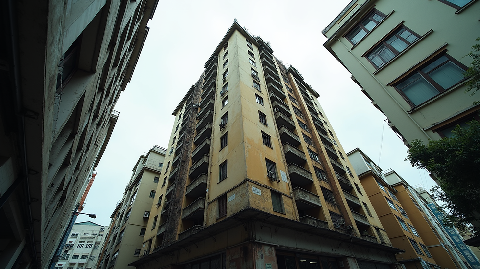 Eye-level view of an old residential building in Taipei awaiting reconstruction