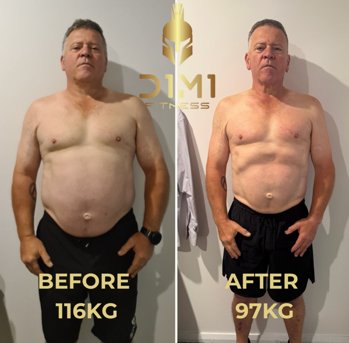 Ivan's transformation at D1M1 Fitness: before at 116kg, after at 97kg