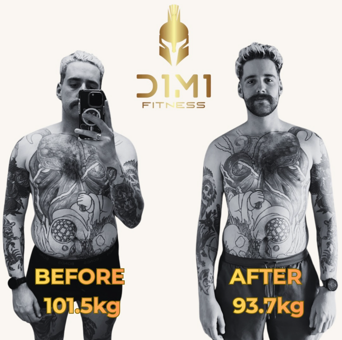 Benny's transformation at D1M1 Fitness, before and after