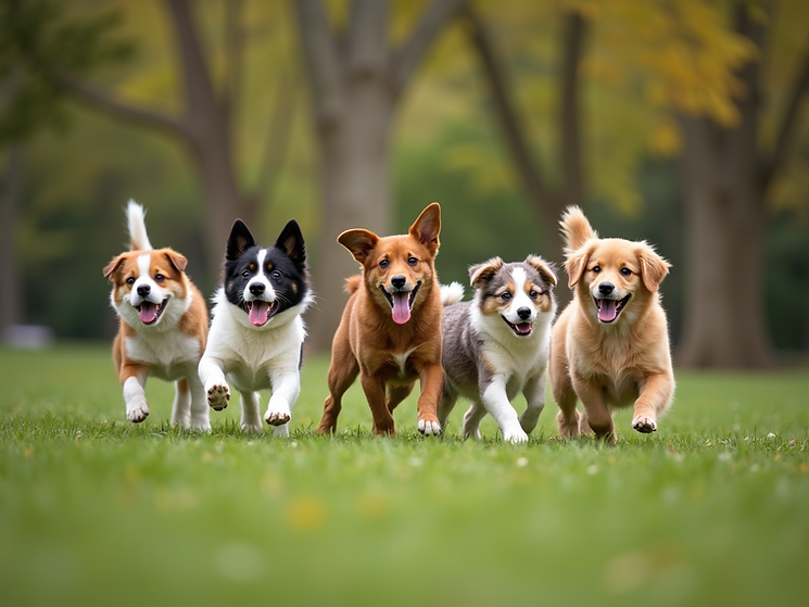 Five happy dogs running on green grass