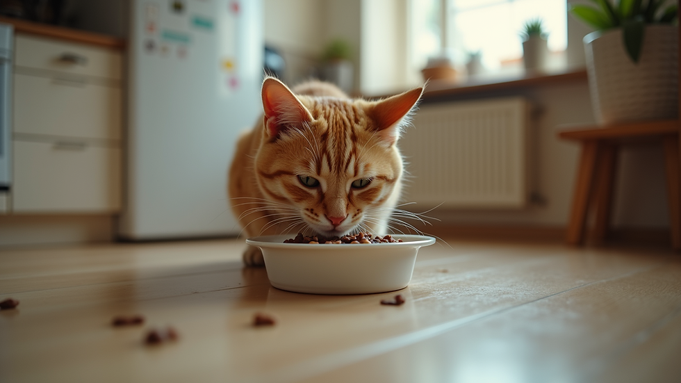 Close-up view of a cat eating from a bowl in a familiar kitchen setting