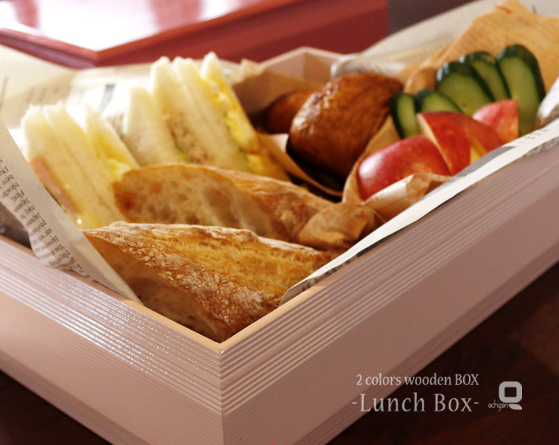 サムネイル： 木のラージランチボックス　弁当箱　一段重箱　盛り付け