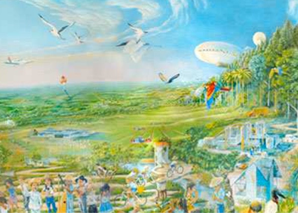 Envisagé 20 ans plus tôt par Paolo Lugari, le dirigeable est aujourd’hui opérationnel - Fresque de Las Gaviotas