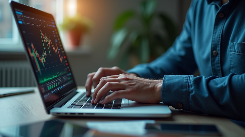 Close-up view of a person analyzing stock market data on a laptop