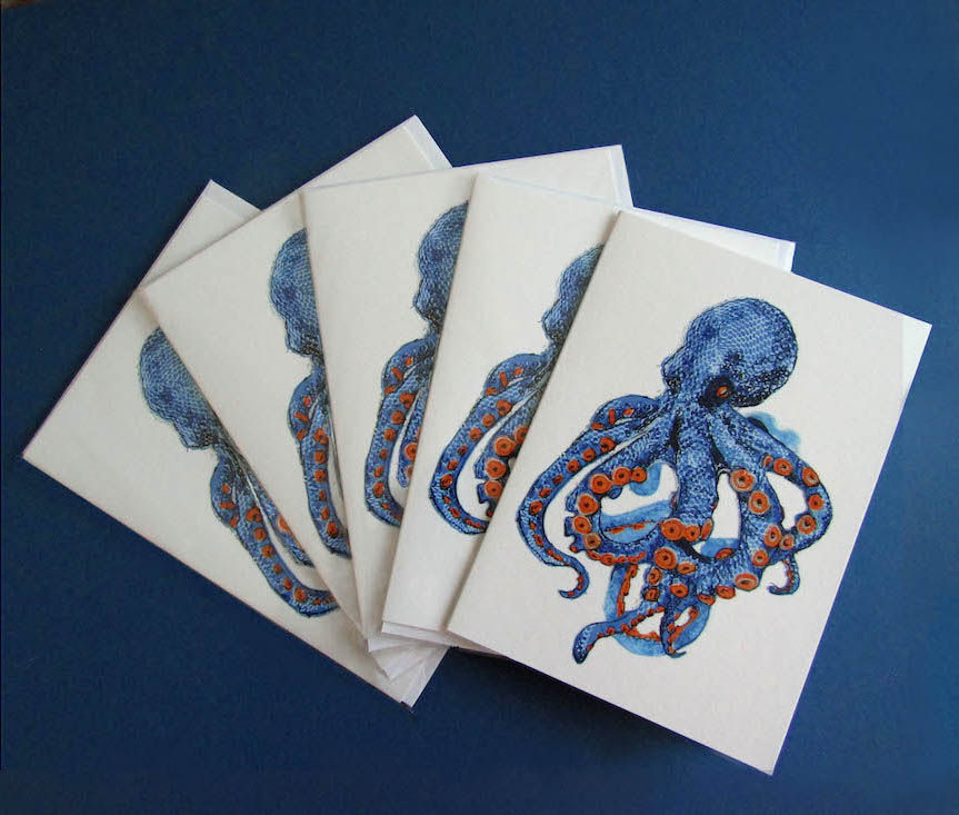 Thumbnail: 5 x Blue Cornish Octopus greetings cards