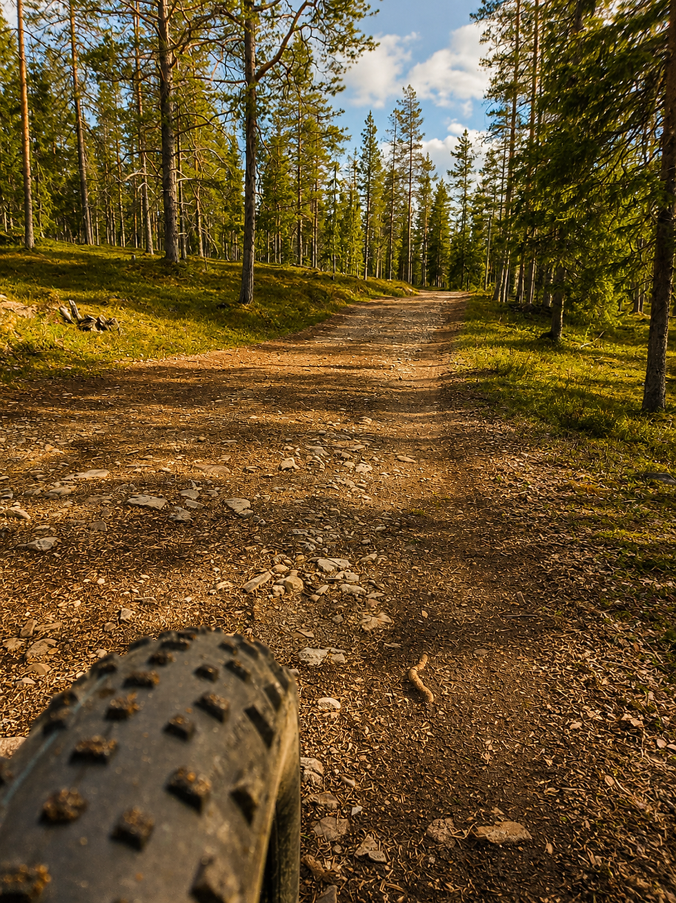 A bicycle following a marked cycling path through the forests of Finnish Lapland, reflecting Finland's Everyman's Right and a respectful relationship with nature.