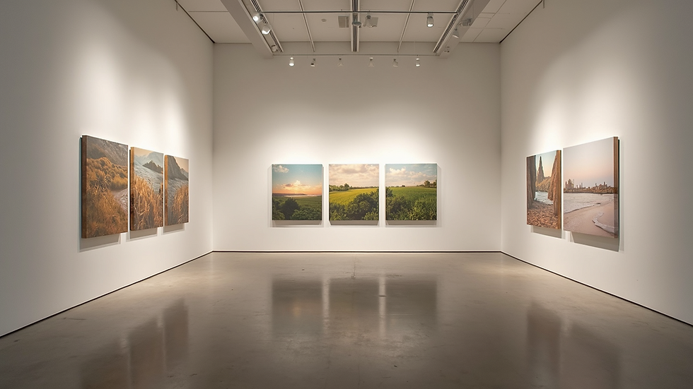 Wide angle view of an art exhibit focusing on environmental themes
