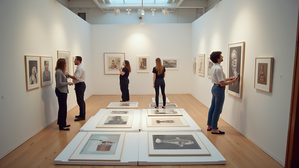 High angle view of a gallery staff arranging artwork for an exhibition