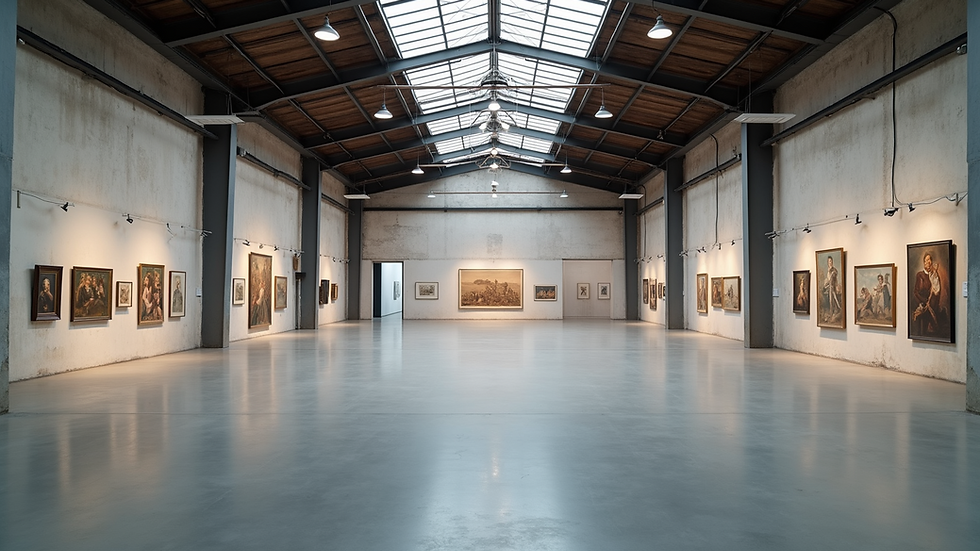 Wide angle view of industrial building converted into art exhibition space