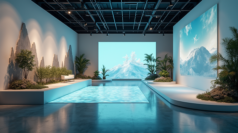 High angle view of futuristic art installation with digital and natural elements