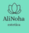 AliNoha estetica logo with flower symbol, Alinoha, estetica on blue background.