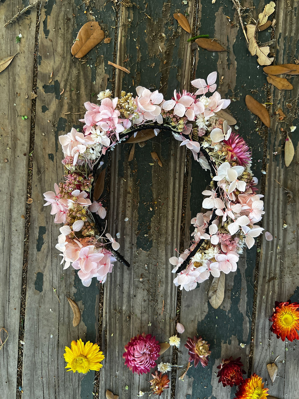 Thumbnail: Pink Hydrangea and Strawflower Flower Crown Head Band