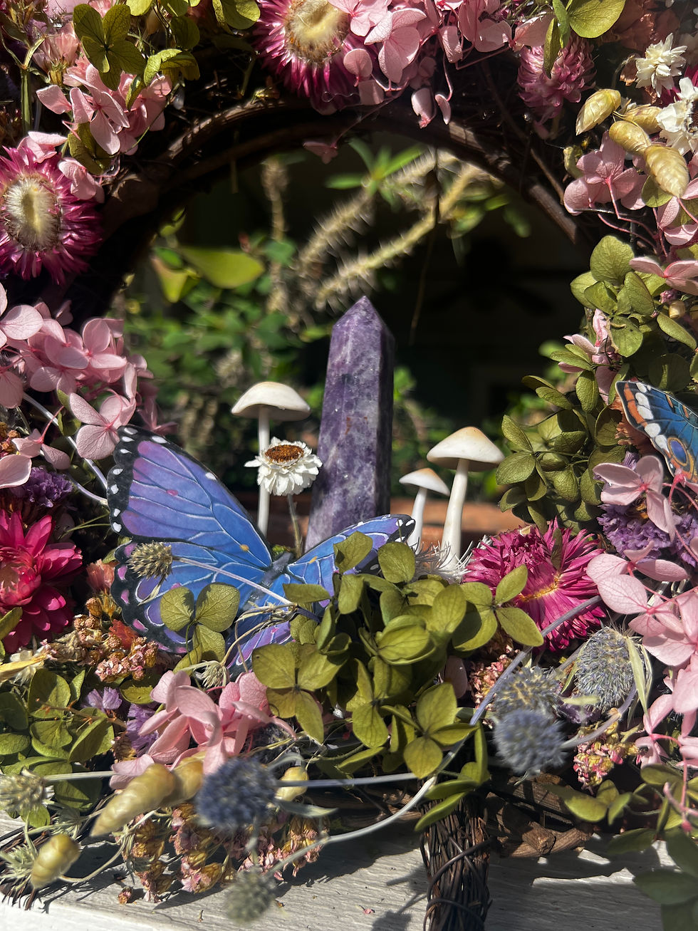 Thumbnail: Purple Lepidolite Tower with Hydrangeas Fairy Portal Wreath