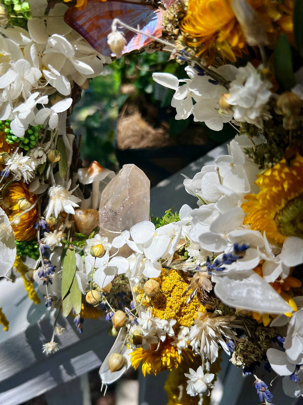 Thumbnail: Yellow and White Dried Flowers with Citrine and Quartz Crystal Wreath 