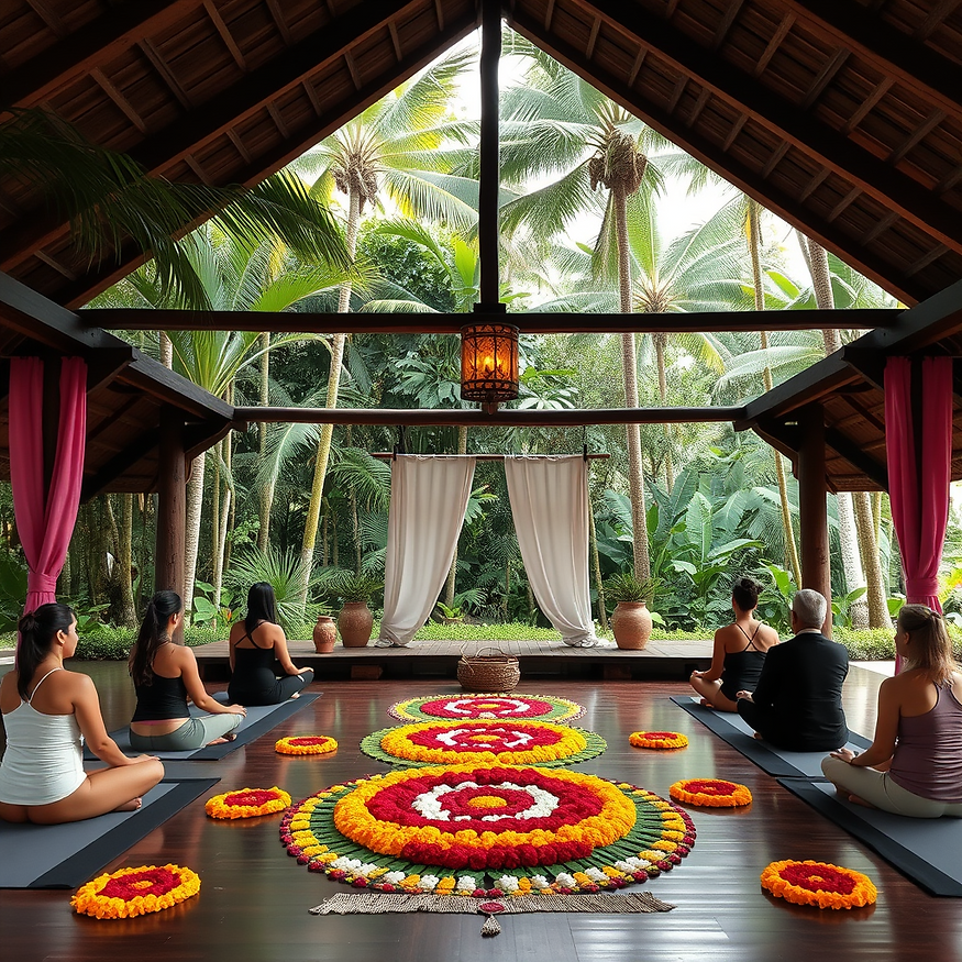welcome ceremony in a yoga shala surrounded by palm trees and jungle with flower mandalas 