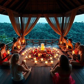 women gather in a yoga shala overlooking the baliense jungle each holding candles around a