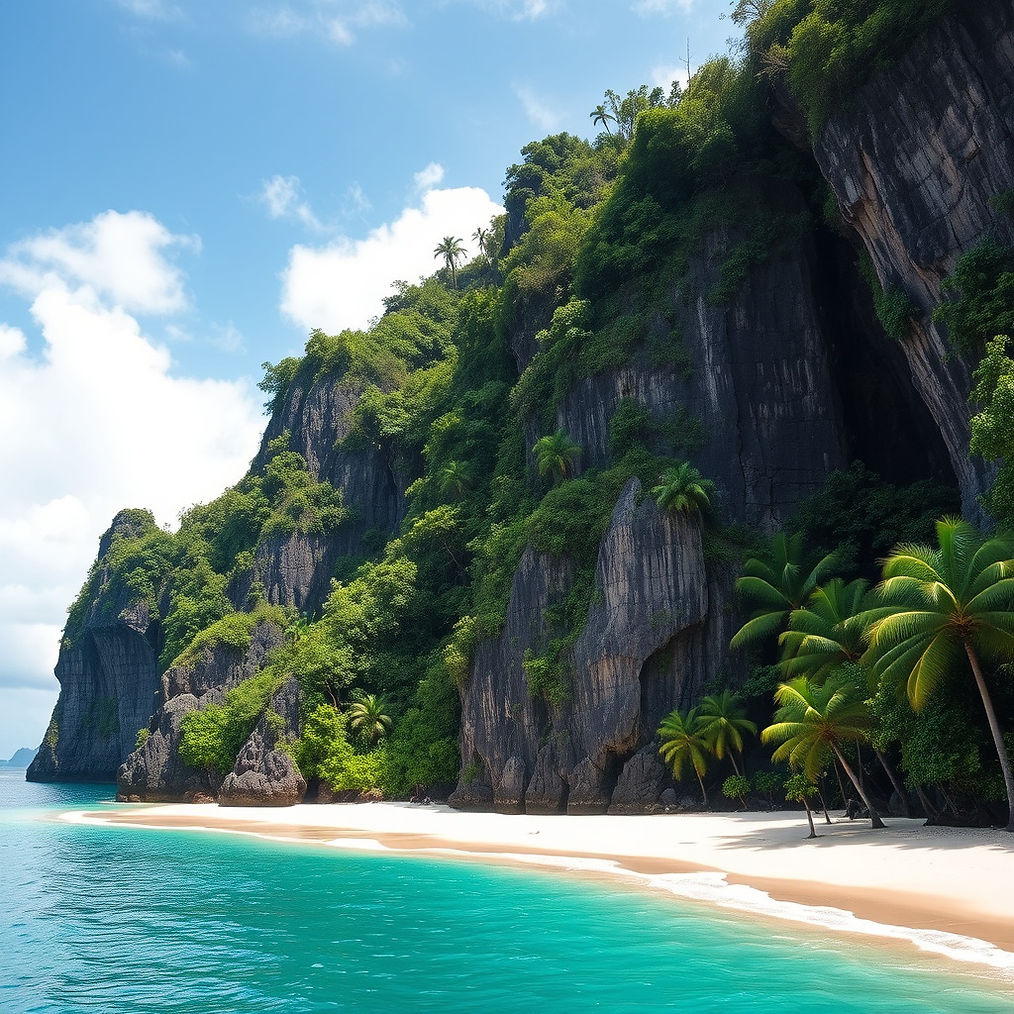 image of realistic nusa penida cliffs surrounded by jungle in bali with white sand beach.j