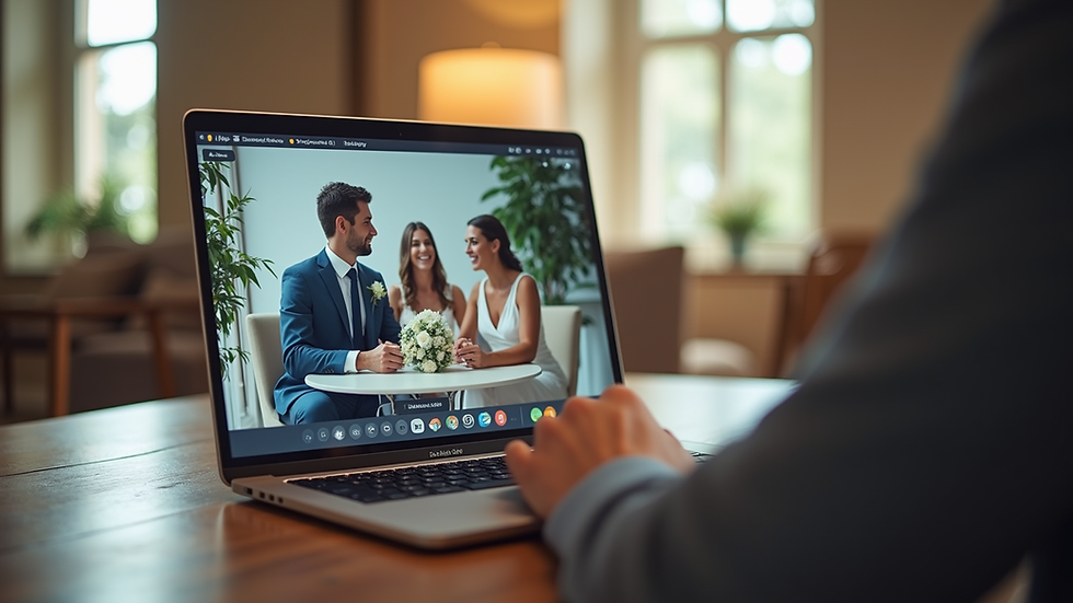 Eye-level view of a laptop screen showing a virtual wedding planning meeting