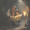Zeichnung von einem Vater (Archiologe) der mit seinem Kind in einer Höhle bei Kerzenlicht eine Schatzkarte studieren.